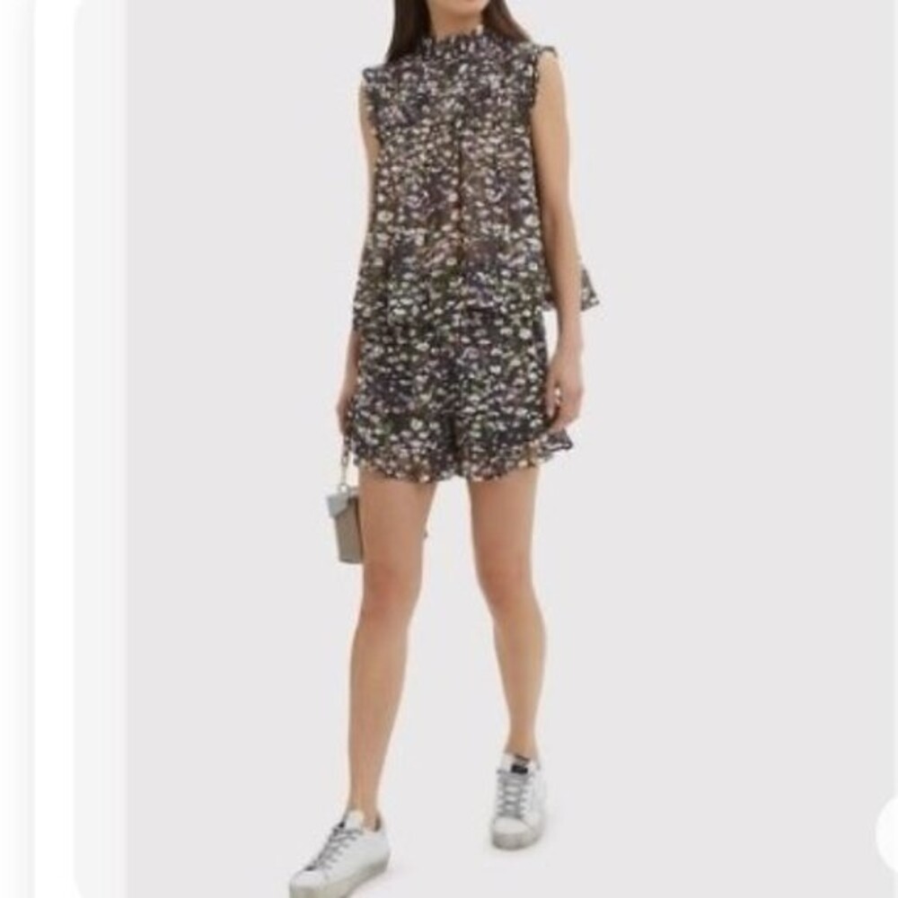 EUC Ganni Black Floral Pleated Ruffle Short Top Set 10